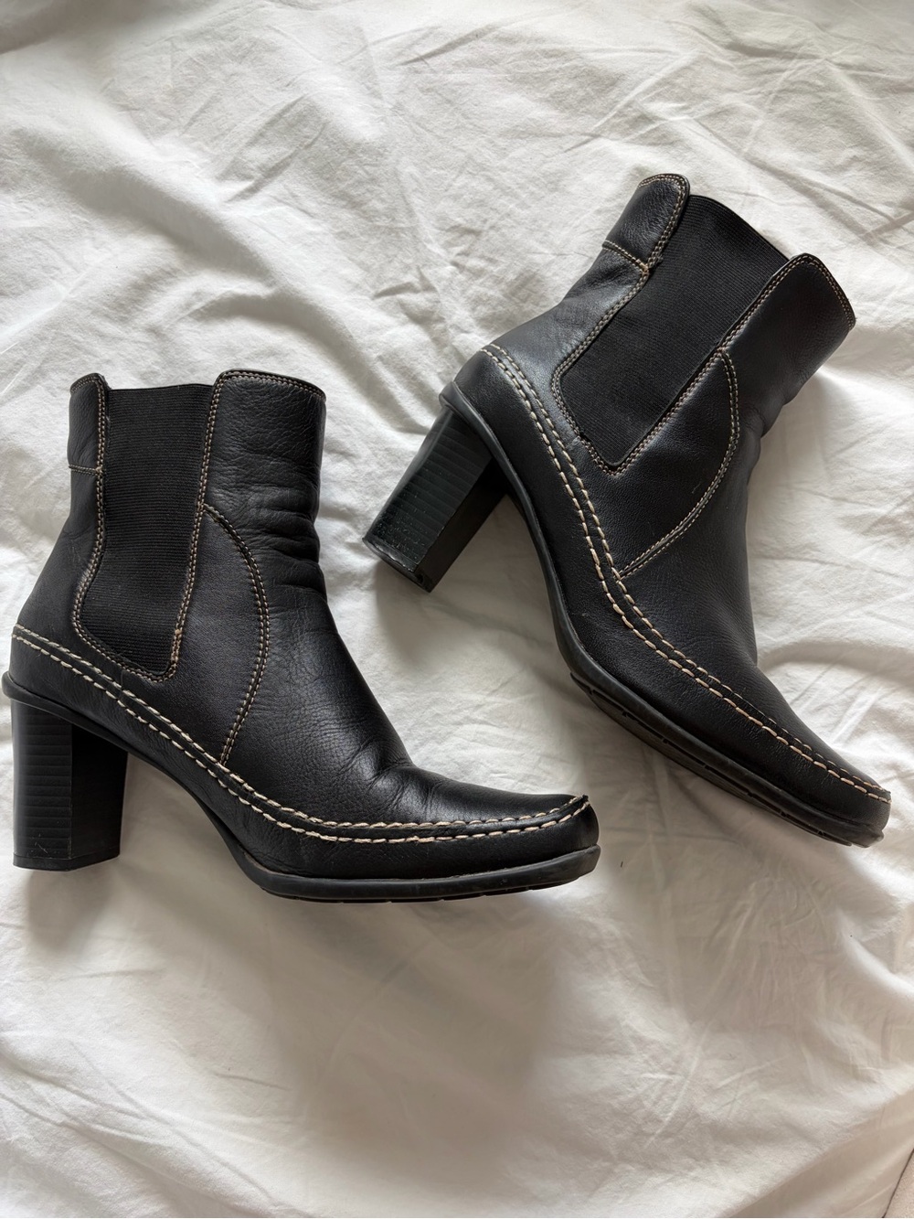 Black Genuine Leather Heeled Ankle Boots with Contrast Stitching